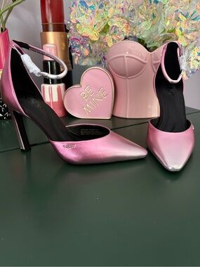 DKNY Pink Metallic Pointed-Toe Ankle-Strap Pumps